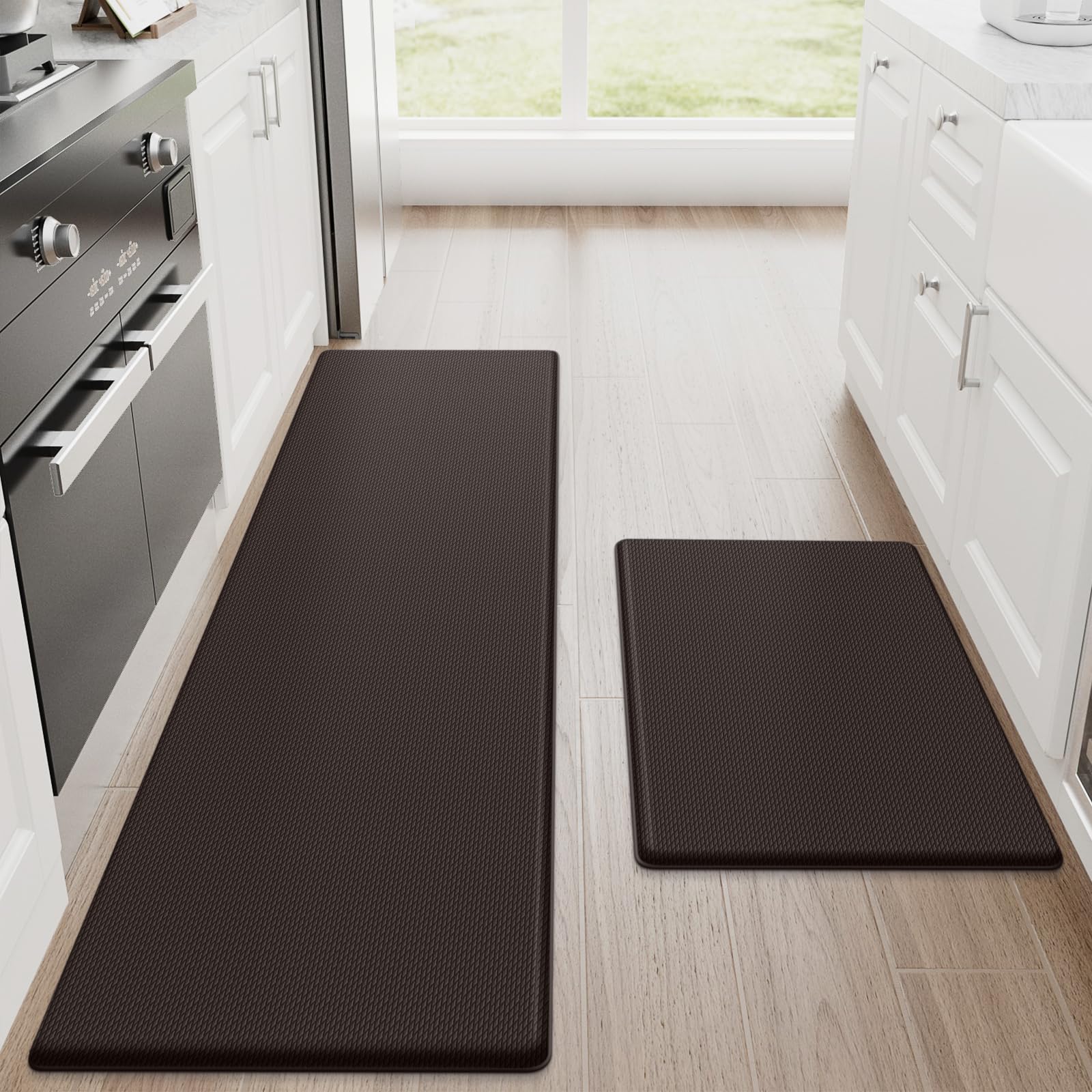 StepRite Kitchen Mats, 2PCS Kitchen Rugs, Cushioned Anti Fatigue Kitchen Mats for Floor, Non-Slip Standing Desk Mat, Waterproof Kitchen Rug Set for Kitchen, Floor, Office, 17.3"x30"+17.3"x47", Black